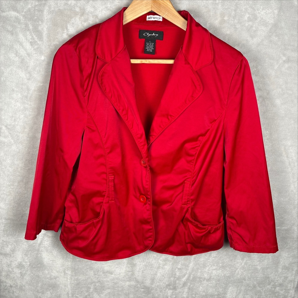 Chesley Womens Red Stretch Blazer Jacket Size L 3/4 Sleeve Two Button Pocket